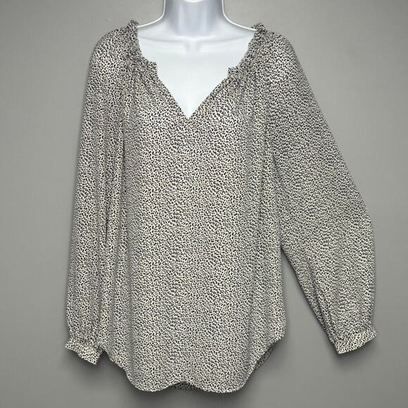 Ann Taylor Black White Puff Sleeve Ruffle Neck Flowy Tunic Blouse Womens Sz M - Picture 2 of 7